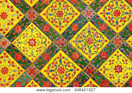 Old Over 151 Year Wall Ceramic Tiles Patterns Handcraft From Thailand Temple Wall Public
