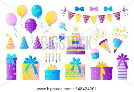Birthday Party Set. Decorative Elements For Children Party, Colorful Confetti Balloons Candles And B