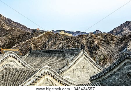 Buildings Of A Fragment Of The Great Chinese Wall In The Mountains Near Bejing