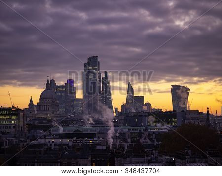 Majestic Dawn Sunrise Landscape Cityscape Over London City Sykline Looking East Along River Thames