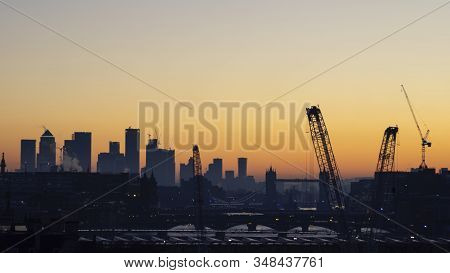 Majestic Dawn Sunrise Landscape Cityscape Over London City Sykline Looking East Along River Thames