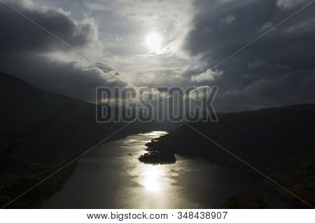 Beautiful Aerial Drone Landscape Image Of Glorious Autumn Fall Sun Over Thirlmere In Lake District