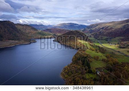 Beautiful Aerial Drone Landscape Image Of Glorious Autumn Fall Sun Over Thirlmere In Lake District