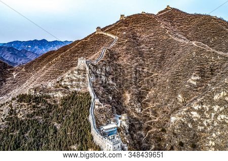Beautiful Winter Aerial Drone View Of Great Wall Of China Mutianyu Section Near Bejing