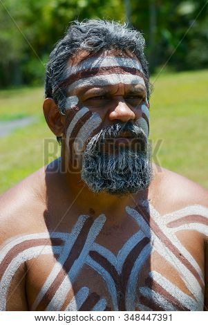 Kuranda, Australia - November 07, 2007: Portrait Of Aborigine Actor With Traditional Face And Body M