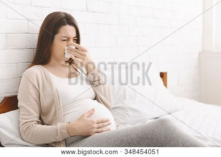 Seasonal Flu. Pregnant Woman Suffering From Snotty Nose, Lying In Bed, Empty Space