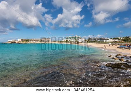 Simpson Bay, Saint Maarten - December 17, 2018: Almost Empty And Even Without Airplanes Maho Beach I