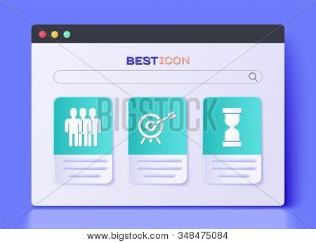Set Target With Arrow, Users Group And Old Hourglass With Flowing Sand Icon. Vector