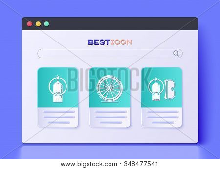 Set Bicycle Wheel, Aqualung And Diving Mask And Aqualung Icon. Vector
