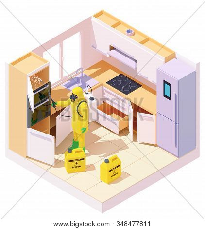 Vector Isometric Pest Control Worker Spraying Pesticides Or Insecticide On Cabinet In Kitchen Room. 
