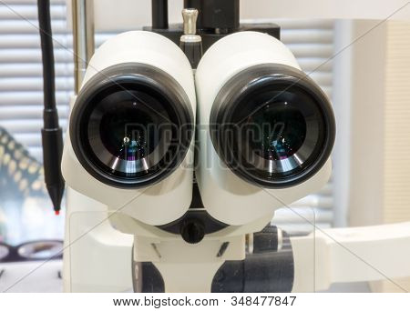 Eyepieces Of Ophthalmologic Device Slit Lamp Closeup  In Office Of  Ophthalmologist. Photos Of Diagn