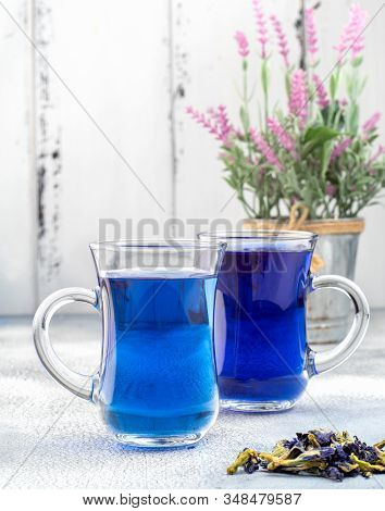 Two Cup Of Butterfly Pea Tea (pea Flowers, Blue Pea) For Healthy Drinking, Detox Drinking On Light B