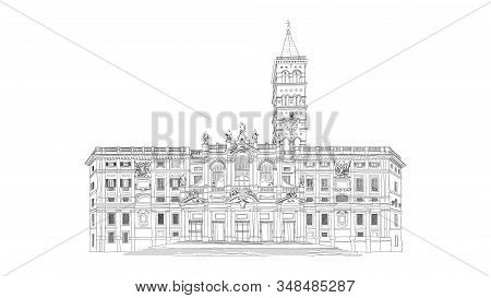 Santa Maria Maggiore, Basilica Of Saint Mary Major Cathedral Black And White Drawing Sketch. Vector 