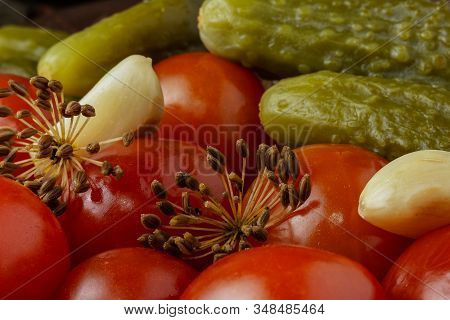 A Large View Of The Dill Flower, Which Lies On The Pickles. Cooking And Recipes For Making Homemade