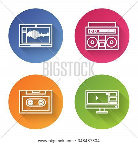Set Line Sound Or Audio Recorder On Laptop, Home Stereo With Two Speakers, Retro Audio Cassette Tape