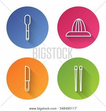Set Line Spoon, Citrus Fruit Juicer, Knife And Food Chopsticks. Color Circle Button. Vector
