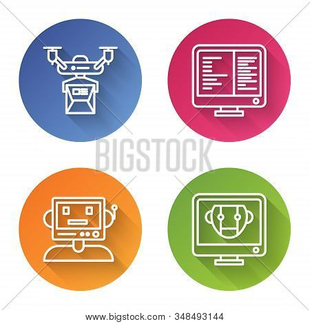Set Line Drone Delivery Concept, Computer Monitor Screen, Robot And Bot. Color Circle Button. Vector