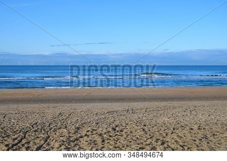 Dutch Landscape, North Sea Sandy Beach During Low Tide Near Castricum Aan Zee, Winter In Netherlands