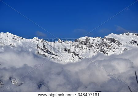 Impressive Winter Landscape With A Mountain Peak On A Sunny Day In La Tzoumaz, Riddes, Switzerland