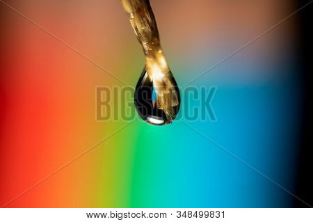 A Macro Portrait Of A Blade Of Grass With A Single Dew Droplets Hanging From It. In The Water Drop T