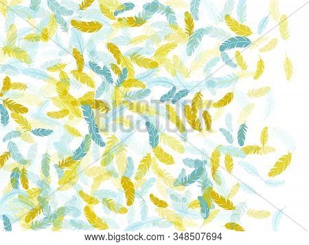 Fashoinable Silver Gold Feathers Vector Background. Decorative Confetti Of Festive Plumelet. Fluffy 