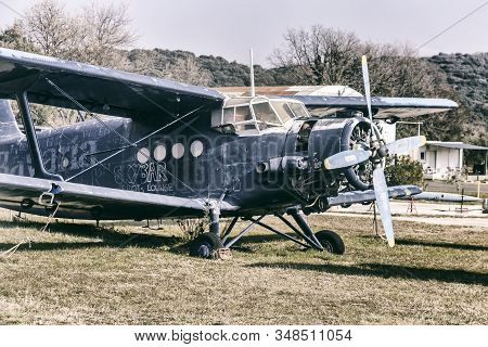 Vrsar, Croatia - January 29, 2020:  Old Aircraft Antonov 2 ( An-2 ), Colt, Exhibited At The Aeropark