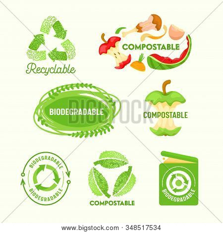 Set Of Environmental Labels, Recyclable Triangle Sign, Compostable Waste, Biodegradable Garbage Litt