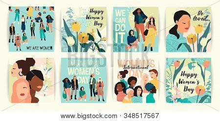 Vector Set Of Illustrations With Abstract Women With Different Skin Colors. International Womens Day