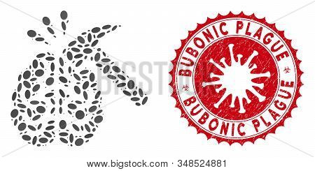 Mosaic Brain Impact Icon And Red Round Rubber Stamp Seal With Bubonic Plague Text And Coronavirus Sy