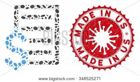 Mosaic Business Contract Page Icon And Red Rounded Corroded Stamp Seal With Made In Us Phrase And Co
