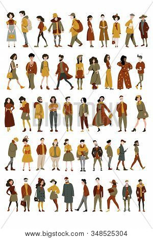 A Set Of Different People, Men And Women In Different Clothes, Different Ages In Different Poses. A 