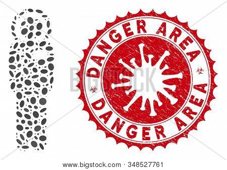 Mosaic Cosmonaut Icon And Red Round Rubber Stamp Seal With Danger Area Caption And Coronavirus Symbo
