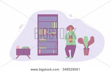 Library Concept. Pretty Little Girl With Short Hair Holding A Book. Teeneger Wearing In In Cozy Clot