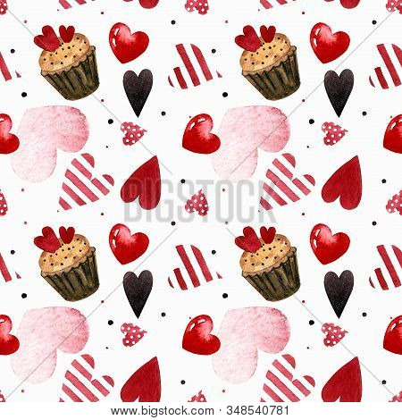 Seamless Pattern With Capcakes, Hearts On White Background Watercolor Illustration