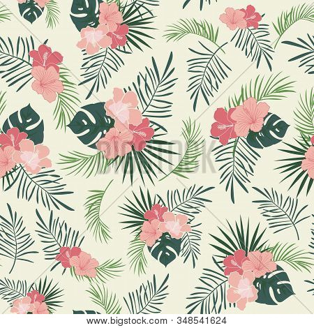 Vector Pattern With Tropical Leaves And Flowers