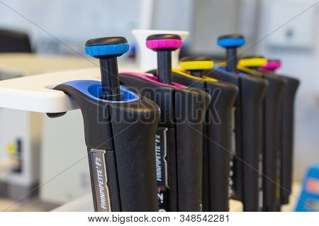 Chemical Or Clinical Laboratory Tools Eppendorf. Automatic Pipettes Are On The Holder. Berlin, Febru