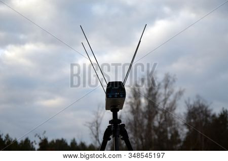 Ballistic chronograph (bullet speed chronograph). Unformal shooting range near Kiev. February 02, 2020. Kiev Region, Ukraine