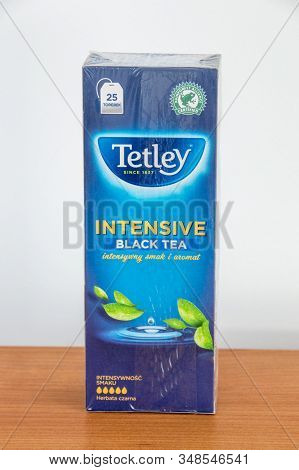 Pruszcz Gdanski, Poland - February 2, 2020: Package Of Tetley Intesive Black Tea.