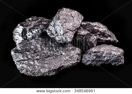 Large Silver Nugget On Black Background. Raw Silver Stone, Silver Nugget Native To Liberia, Isolated