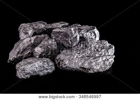 Large Silver Nugget On Black Background. Raw Silver Stone, Silver Nugget Native To Liberia, Isolated
