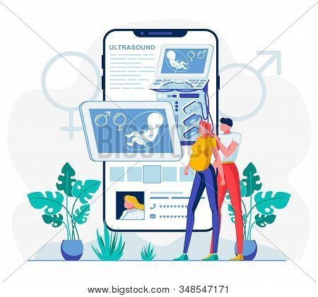 Telemedicine Foetus Diagnostics App Illustration. Gynecologist Consulting Pregnant Woman Online Cart