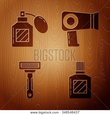Set Aftershave, Aftershave, Shaving Razor And Hair Dryer On Wooden Background. Vector
