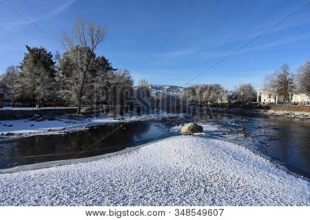 Reno, Nevada - January 17, 2020: Truckee River And Wingfield Park In Early Morning After Snowstorm.