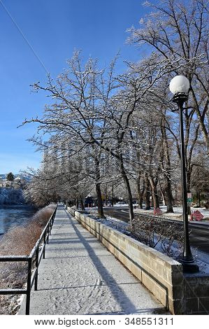 Reno, Nevada - January 17, 2020: Truckee River Walk In Early Morning After Snowstorm.