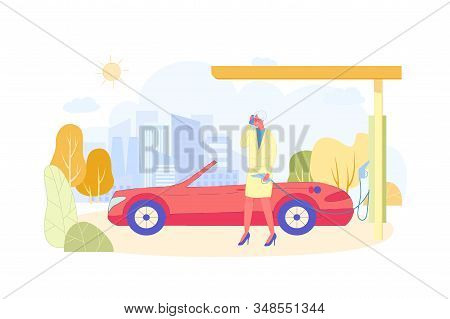 Old Lady Having Call Refuel Red Sports Car At Petrol Station. Modern Elderly Woman Talking Mobile Ph