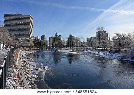 Reno, Nevada - January 17, 2020: Truckee River And Wingfield Park In Early Morning After Snowstorm.