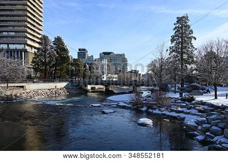 Reno, Nevada - January 17, 2020: Truckee River And Wingfield Park In Early Morning After Snowstorm.