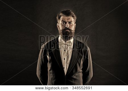 Classic Never Out Of Trend. Menswear Classic Outfit. Bearded Man With Bow Tie. Well Dressed And Scru