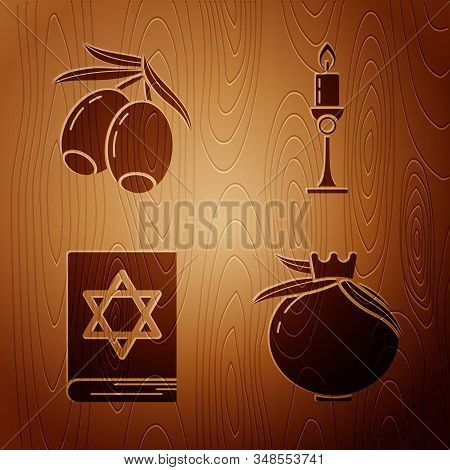 Set Pomegranate, Olives Branch, Jewish Torah Book And Burning Candle In Candlestick On Wooden Backgr