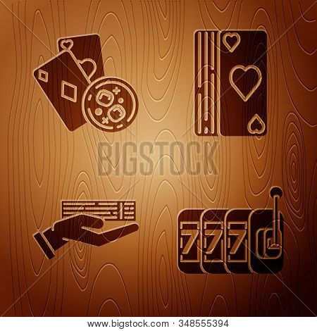 Set Slot Machine With Lucky Sevens Jackpot, Playing Cards And Glass Of Whiskey With Ice Cubes, Hand 